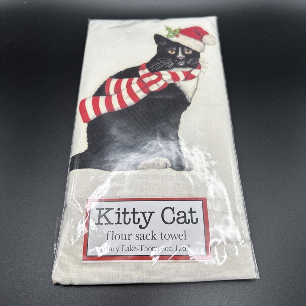 Mary Lake Thompson Flour Sack Kitchen Tea‎ Dish Towel Tuxedo Cat Hat Christmas